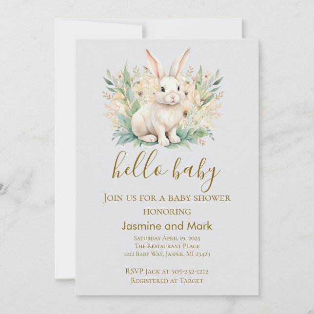 Hello Baby Boho Neutral Bunny  Einladung (Vorderseite)