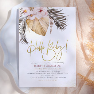 Hello Baby   Boho Pampas Grass & Tropical Palm Einladung