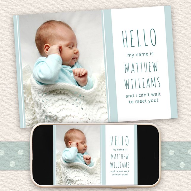 Hello Baby Boy Foto Blue and White Birth Ankündigung (Hello Baby Birth Announcement with message on the back)