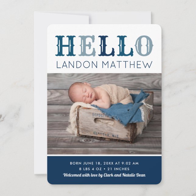 Hello Baby Boy Foto Geburtserklärung Ankündigung (Vorderseite)