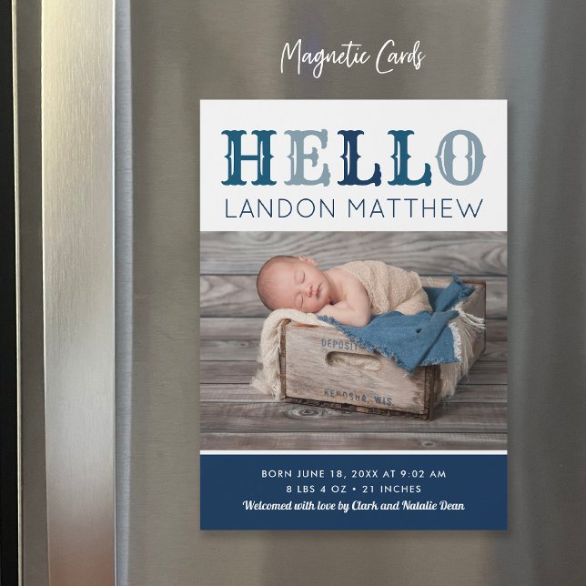 Hello Baby Boy Magnetic Foto Geburtserklärung Magnetkarte (Von Creator hochgeladen)