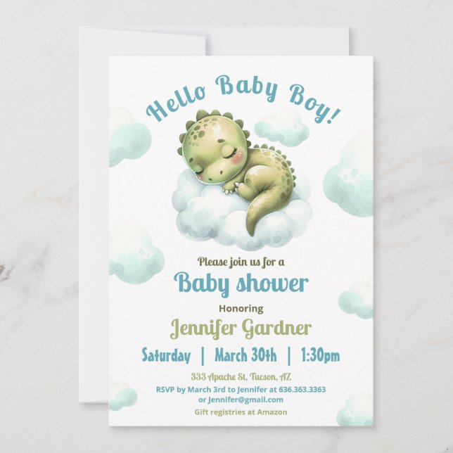 Hello Baby Boy Niedlich Dinosaur Blue Baby Dusche Einladung (Vorderseite)