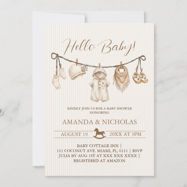 Hello Baby Clothesline Baby Shower Striped Einladung (Vorderseite)