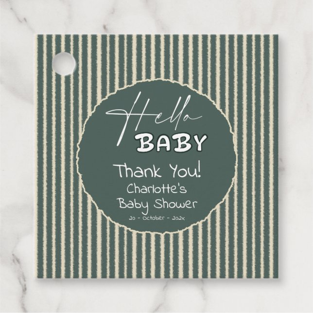 Hello Baby Dark Green Stripes Baby Shower Geschenkanhänger (Vorderseite)