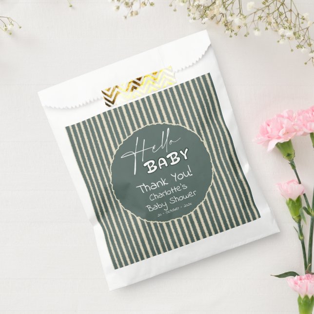 Hello Baby Dark Green Stripes Baby Shower Geschenktütchen (Versiegelt)