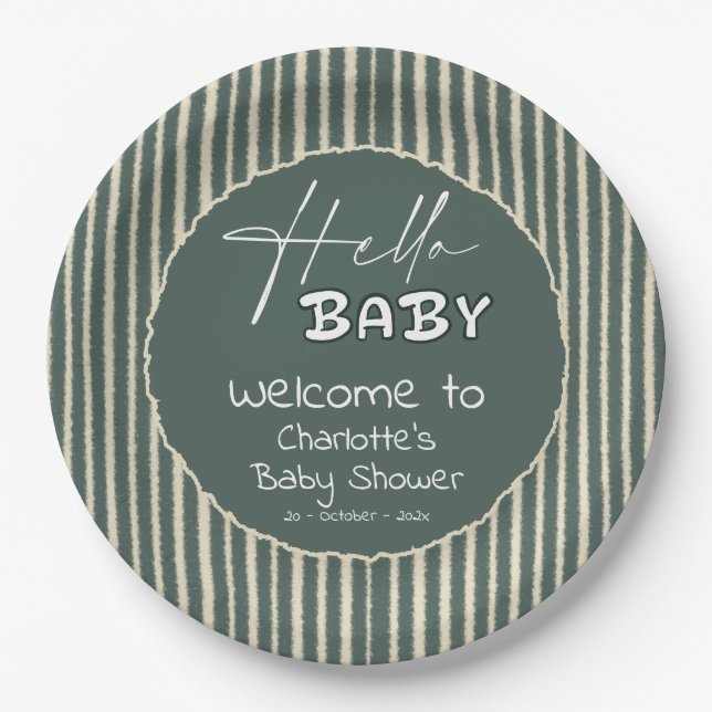 Hello Baby Dark Green Stripes Baby Shower Pappteller (Vorderseite)