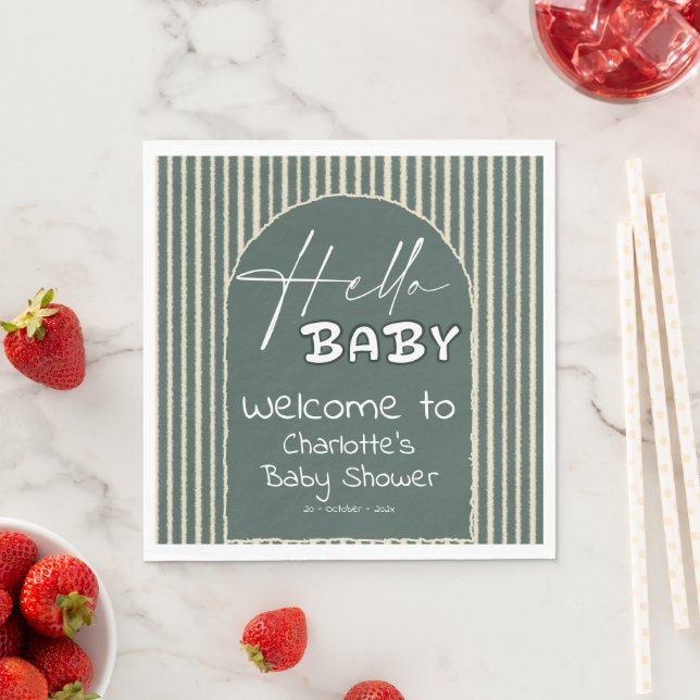 Hello Baby Dark Green Stripes Baby Shower Serviette (Beispiel)