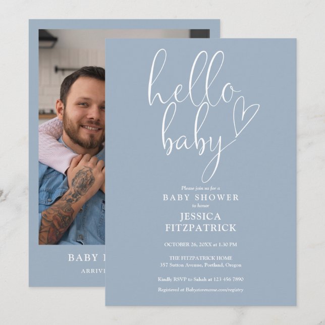 Hello Baby Dusty Blue Boy Foto Baby Shower Einladung (Vorne/Hinten)