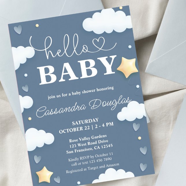 Hello Baby Dusty Blue Clouds Moderne Babydusche Einladung (Von Creator hochgeladen)