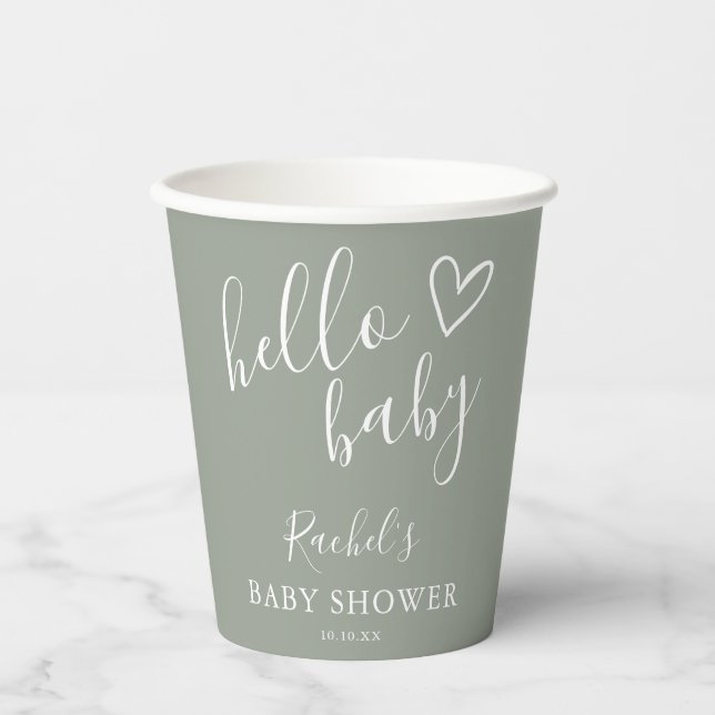 Hello Baby Duwer Gender Neutral Boho Sage Green Pappbecher (Vorderseite)