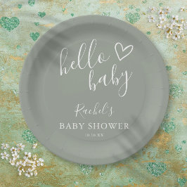 Hello Baby Duwer Gender Neutral Boho Sage Green Pappteller