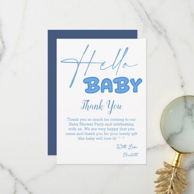 Hello Baby Elegant Baby Shower Dankeskarte (Vorderseite/Rückseite Beispiel)