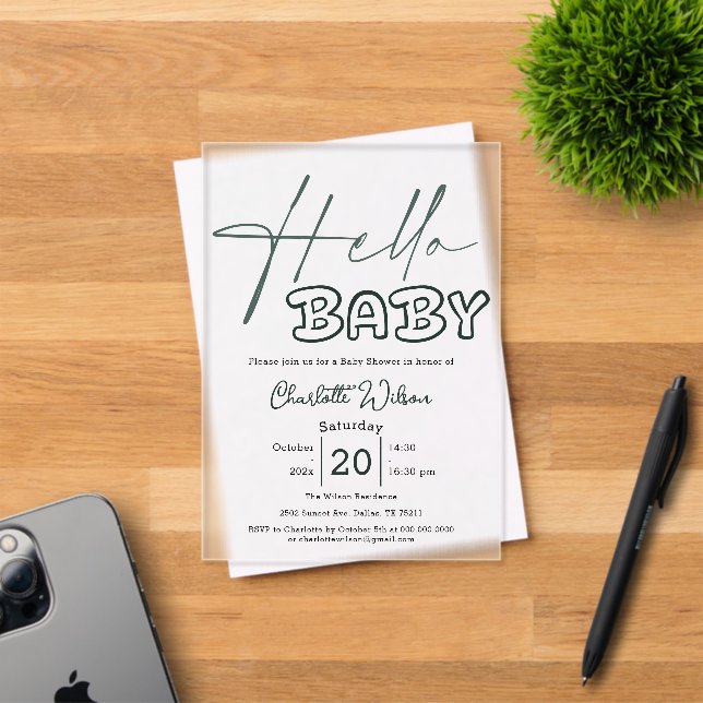 Hello Baby Elegant Dark Green Baby Shower Acryleinladungen (Insitu (Einladungskarte))
