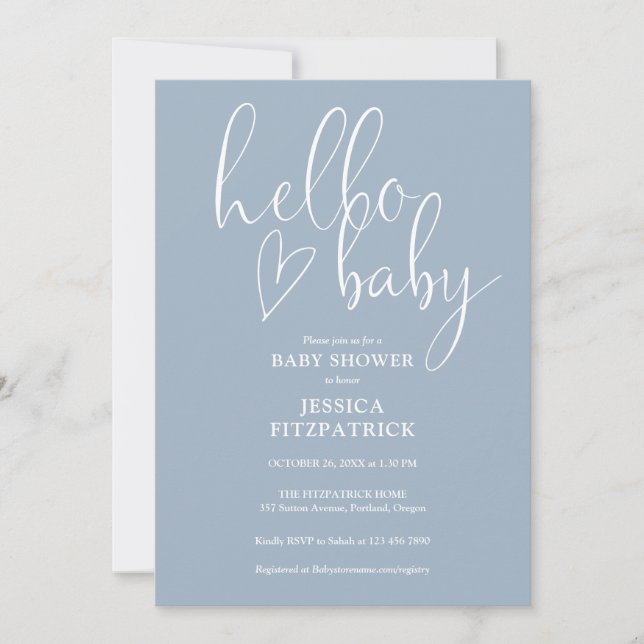 Hello Baby Elegant Script Dusty Blue Baby Shower Einladung (Vorderseite)