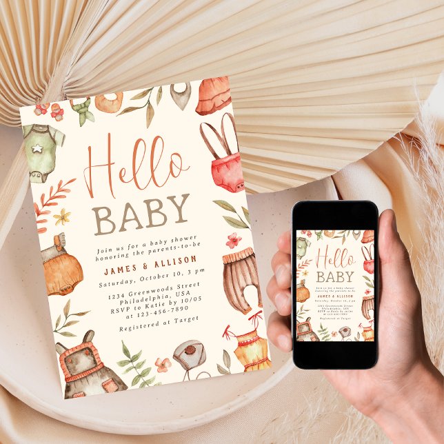 Hello Baby Fall Boho Kleidung Baby Dusche Einladung (Von Creator hochgeladen)