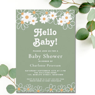 Hello Baby Gender-Neutral Daisy Green Baby Dusche Einladung