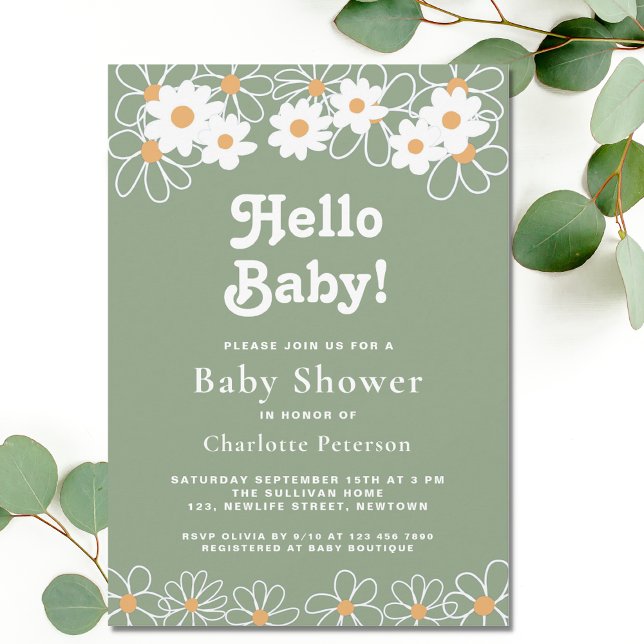 Hello Baby Gender-Neutral Daisy Green Baby Dusche Einladung (Von Creator hochgeladen)