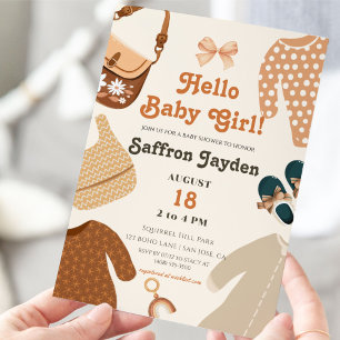 Hello Baby Girl Clothes Retro Earthy Baby Dusche Einladung