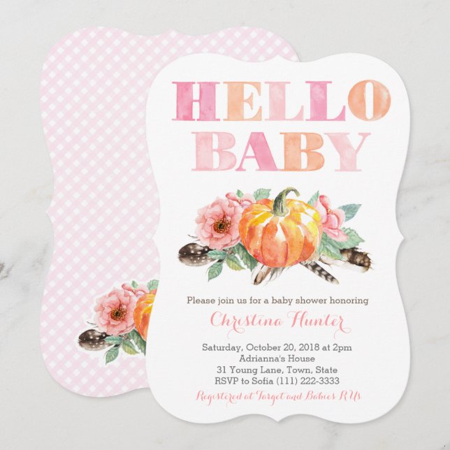 HELLO BABY Girl Duschkarten Pumpkins Rose Einladung (Vorne/Hinten)