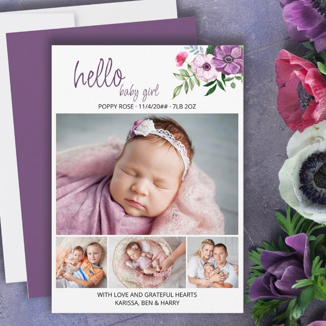 Hello Baby Girl Lila Floral 4 Foto Birth Ankündigung (Von Creator hochgeladen)