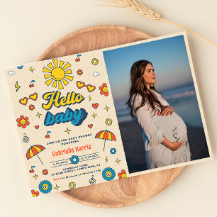 Hello Baby Groovy Retro Baby Dusche Party Foto Einladung