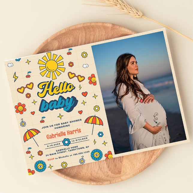 Hello Baby Groovy Retro Baby Dusche Party Foto Einladung (Von Creator hochgeladen)
