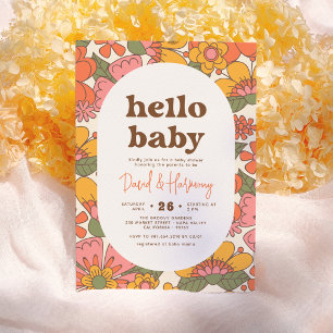 Hello Baby   Groovy Retro Blume Boho Babydusche Einladung