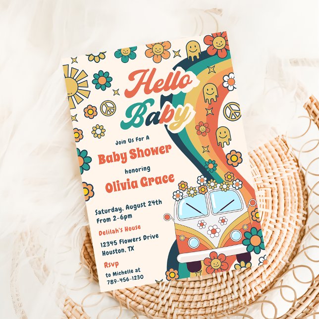 Hello Baby Groovy Retro Floral Baby Shower Party Einladung (Von Creator hochgeladen)
