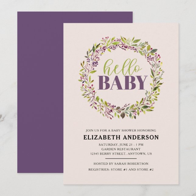 Hello Baby Lila Wreath Baby Dusche Einladung (Vorne/Hinten)