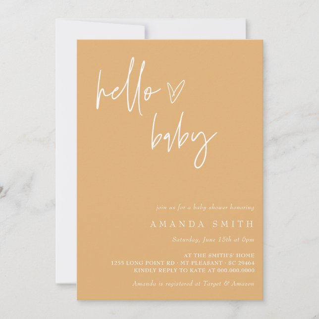 Hello Baby Minimalistisch Mustard Boho Baby Shower Einladung (Vorderseite)