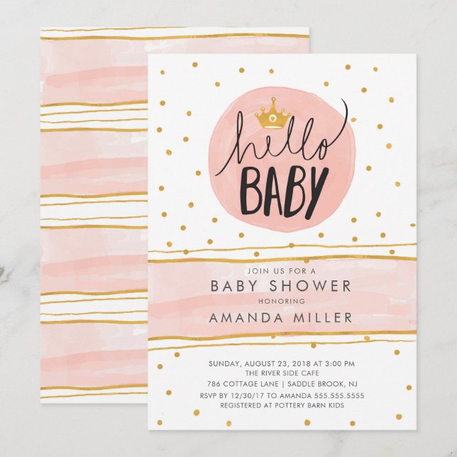 HELLO BABY ・ Moderne Girls BabyShower Einladung (Vorne/Hinten)