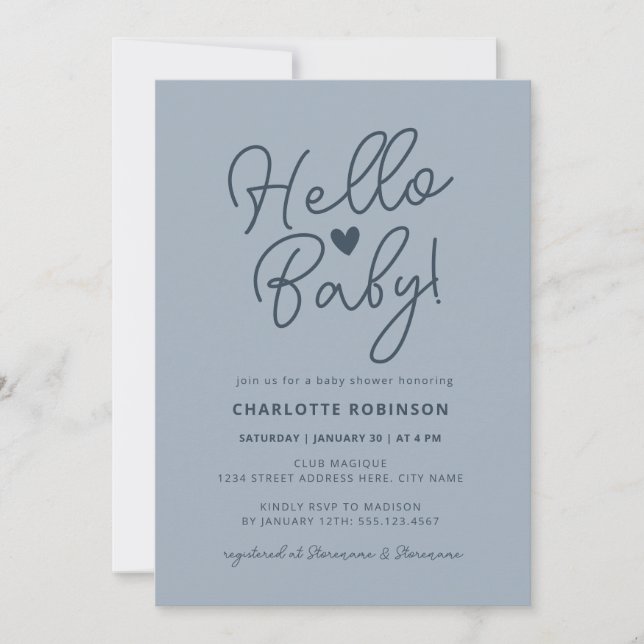 Hello Baby Modernes Niedlich Dusty Blue Boy Baby D Einladung (Vorderseite)