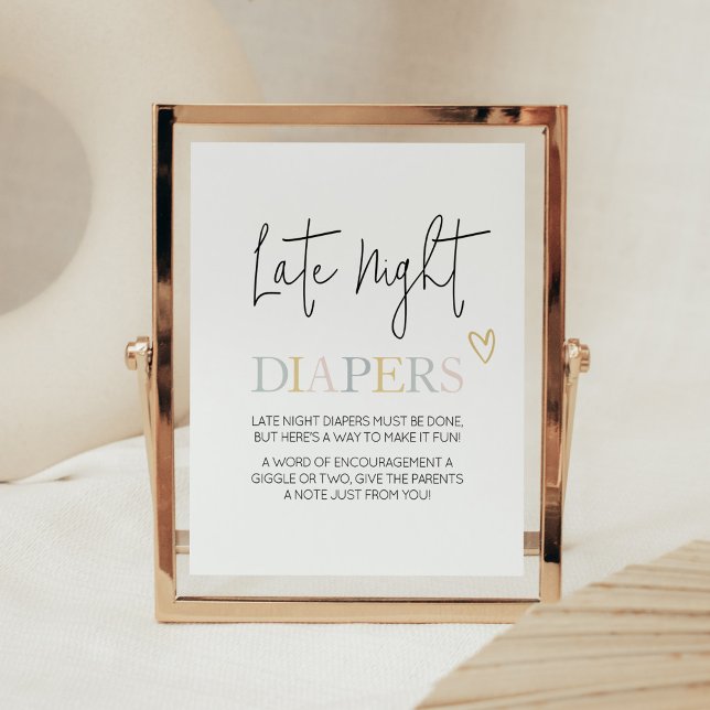 Hello Baby Neutral Minimalistisch Spate Night Diap Poster (Pastel Letters Minimalist Baby Shower Late Night Diapers Sign)