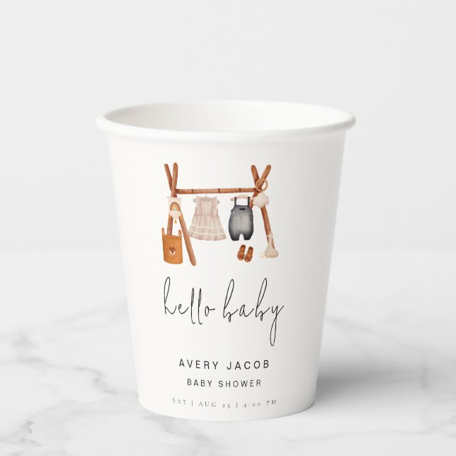 Hello Baby | Niedlich Boho Kleidung Kinderdusche Pappbecher (Vorderseite)