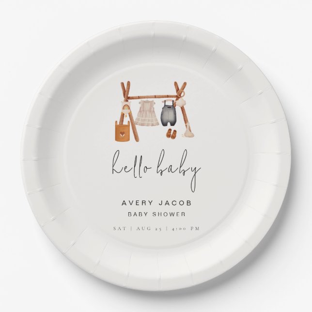Hello Baby | Niedlich Boho Kleidung Kinderdusche Pappteller (Vorderseite)
