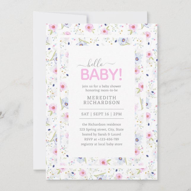 Hello Baby Niedlich Floral Pink Blue Girl Baby Dus Einladung (Vorderseite)