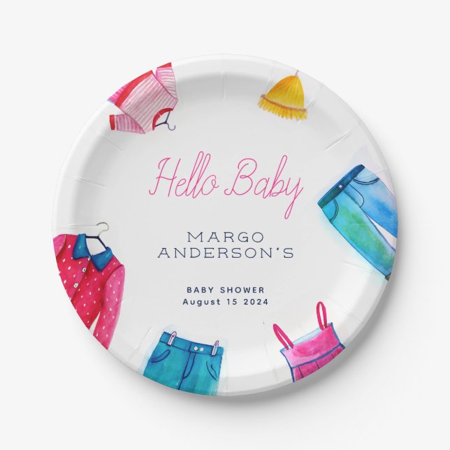 Hello Baby Pink Blue Kleidung Baby Dusche Pappteller (Vorderseite)