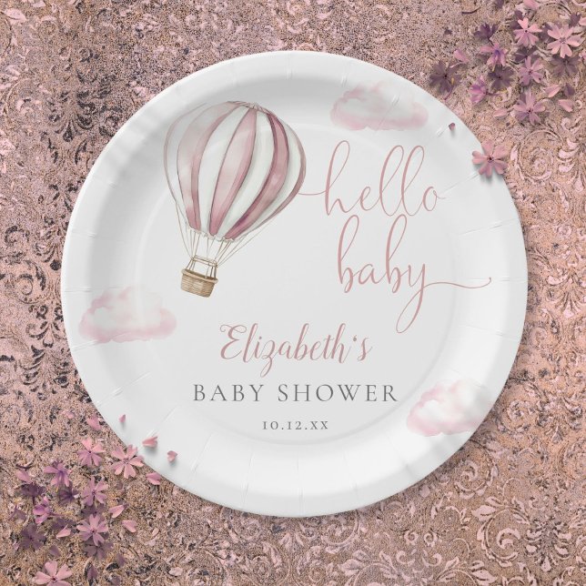 Hello Baby Pink Hot Air Ballon Babydusche Pappteller (Hello Baby Pink Hot Air Balloon Baby Shower Paper Plates)