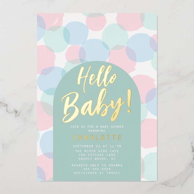 Hello Baby Polka Dots Baby Shower Folieneinladung (Vorderseite)