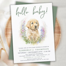 Hello Baby Puppy Dog Modern Sage Green Baby Dusche