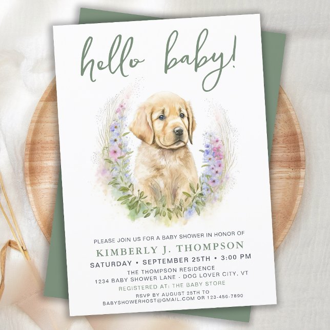 Hello Baby Puppy Dog Modern Sage Green Baby Dusche Einladung (Von Creator hochgeladen)