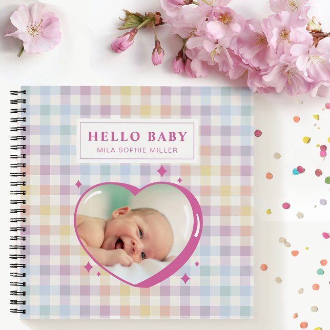 Hello Baby Rainbow Gingham Custom Foto Notizbuch (Von Creator hochgeladen)