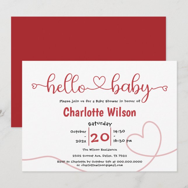 Hello Baby Red Heart Minimal Baby Dusche Einladung (Vorne/Hinten)