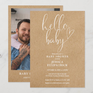 Hello Baby Rustic Kraft Foto Baby Dusche Einladung