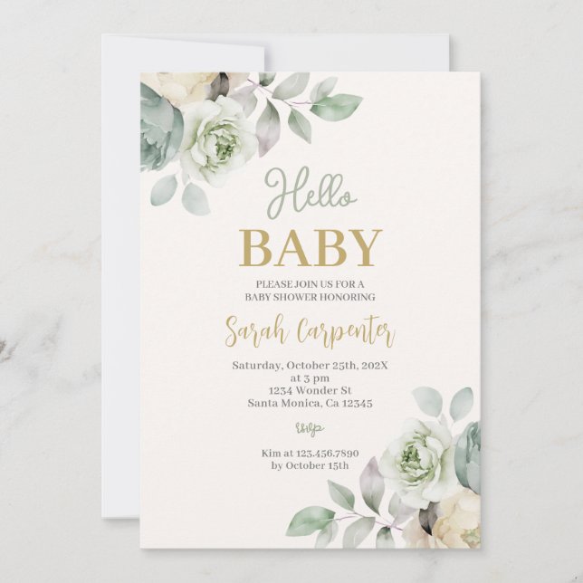 Hello Baby Sage Green Baby Dusche Einladung (Vorderseite)