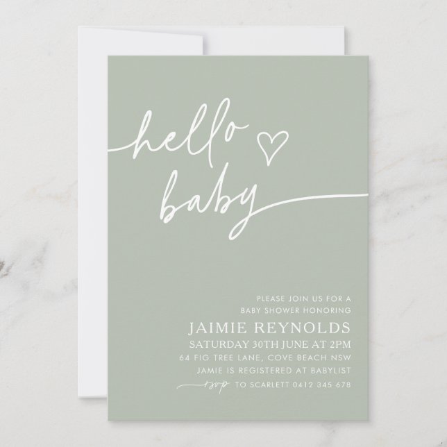 Hello Baby Sage Green Baby Dusche Einladung (Vorderseite)