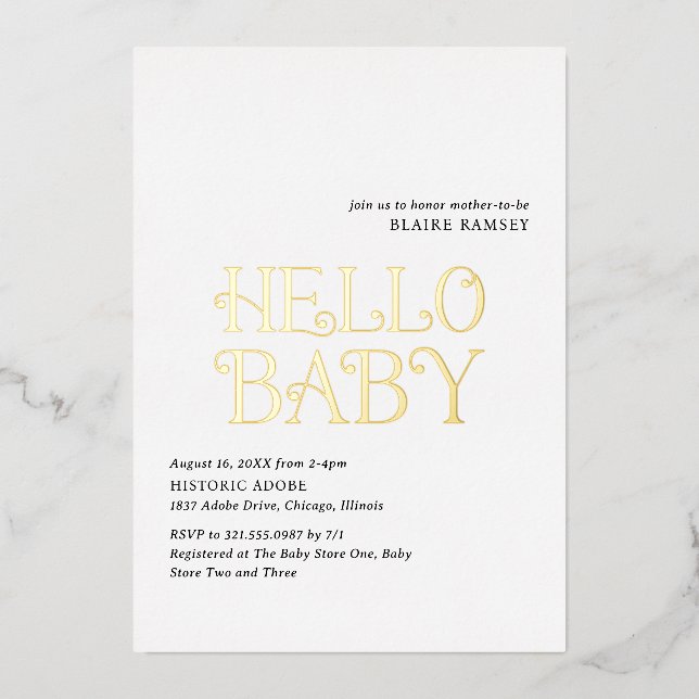 Hello Baby Schwarz-weiß Modern Baby Dusche Folieneinladung (Vorderseite)