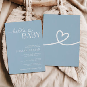 Hello Baby Shower Heart Blue Minimalistisch Einladung