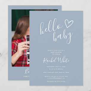 Hello Baby Shower Heart Dusty Blue Foto Einladung