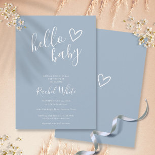 Hello Baby Shower Heart Dusty Blue Minimalistisch Einladung